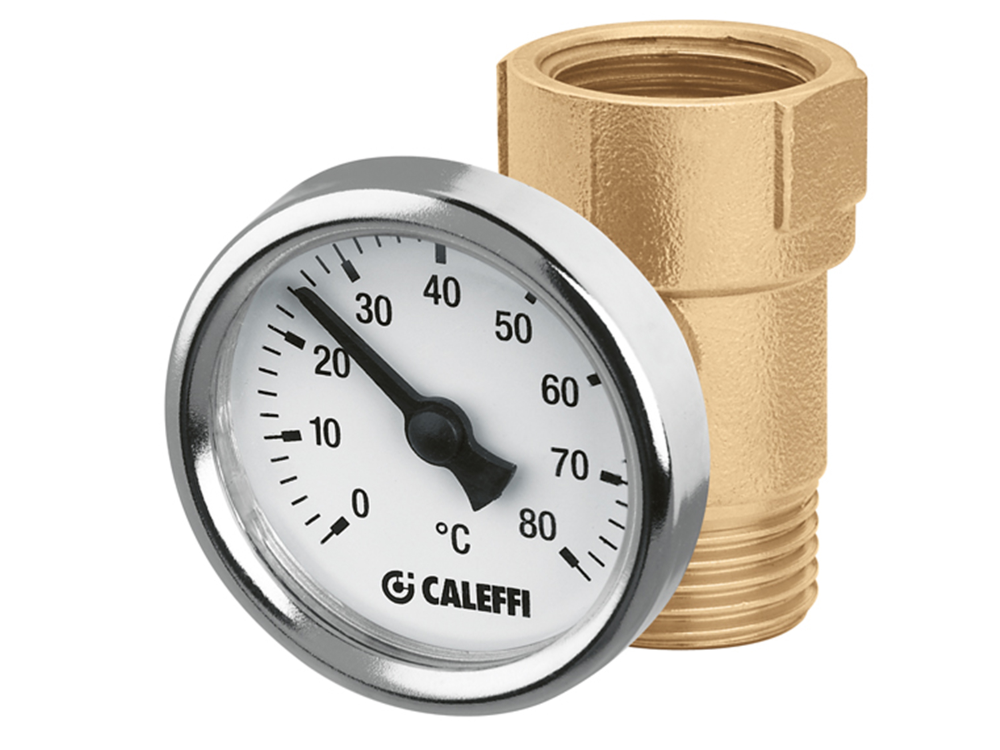 Термометр биметаллический Caleffi. Фитинг с термометром Caleffi. Тройник с термометром 1 дюйм для коллектора. Термометр Stout для коллектора.