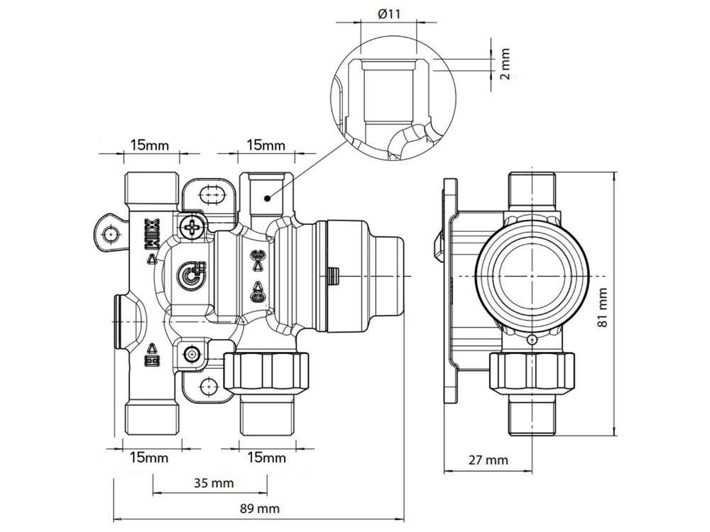 Caleffi 5212 15mm Thermostatic Mixing Valve with Isolators