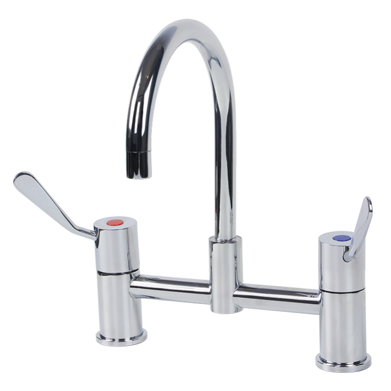 Gentec Cleanline Bench Mounted Exposed Mixing Set with Gooseneck Swivel Spout and Lever Handles
