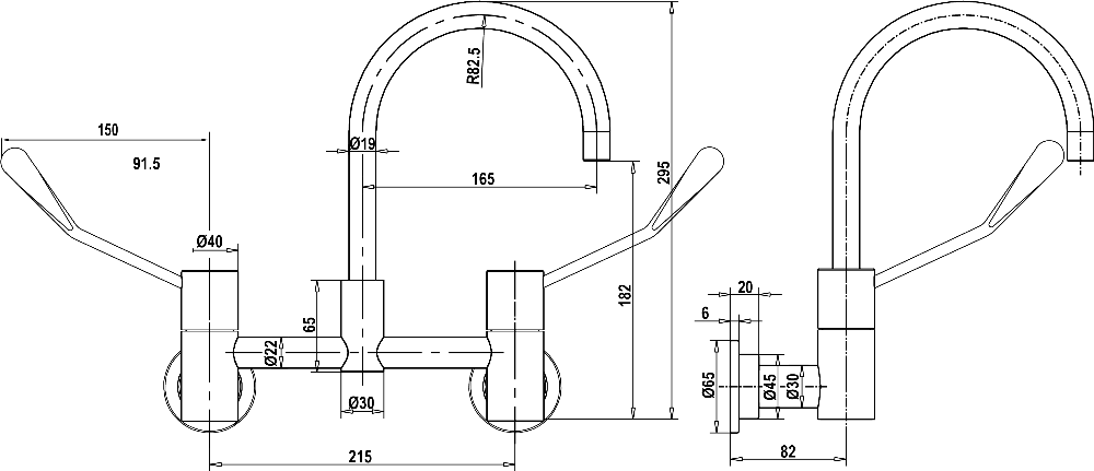 Gentec Cleanline Bench Mounted Exposed Mixing Set with Gooseneck Swivel Spout and Lever Handles
